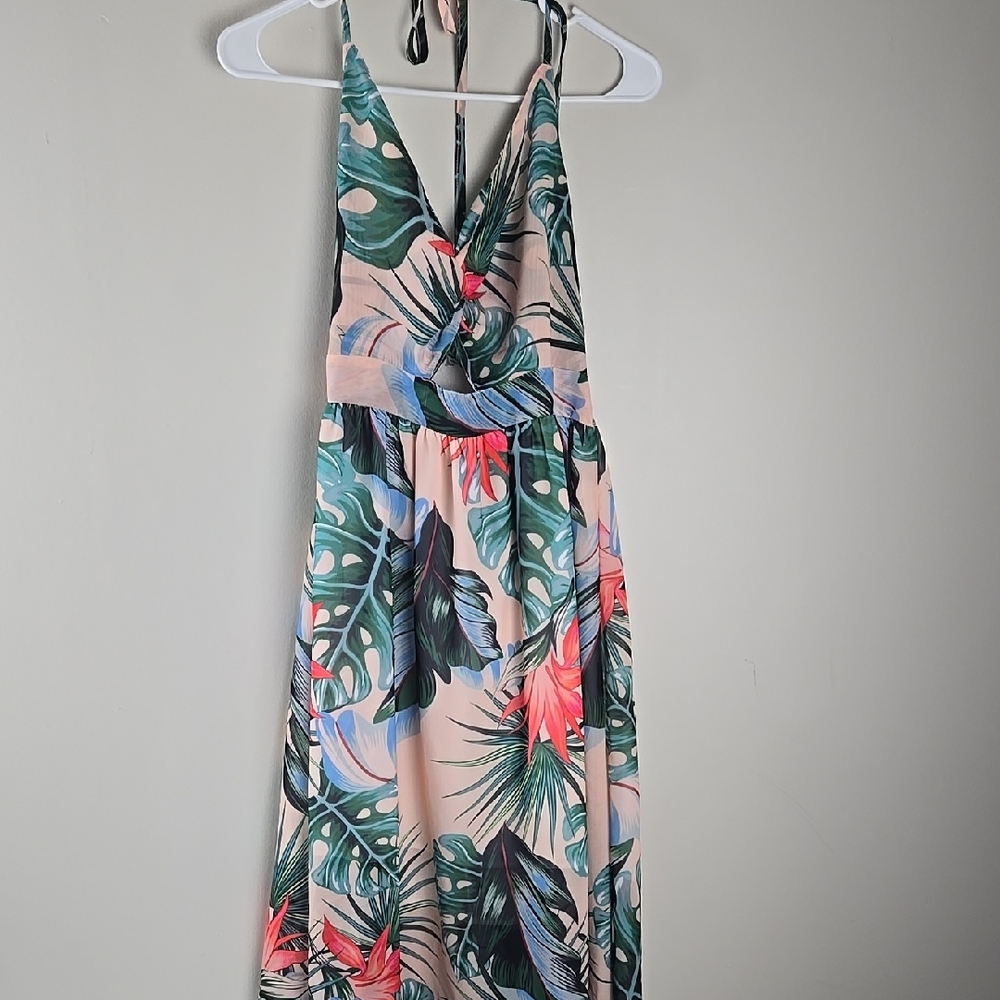 Tropical Print Halter Maxi Dress - Pink/Green